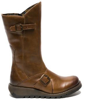 Fly London Dames Camel MES 2 Wedge Heel Buckle Mid-Calf Leren Zip Platform Laarzen