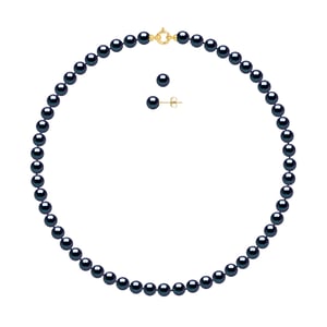 DIADEMA - Set - Necklace/Earrings - Real Freshwater Pearls - Black Tahitian Style - Yellow Gold