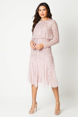 Linear Sequin Embellished Long Sleeve Midi Dress