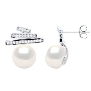 Örhängen Strips monterade med Cubic Zirconia - Knapp med äkta odlad sötvattenspärla 9-10 mm