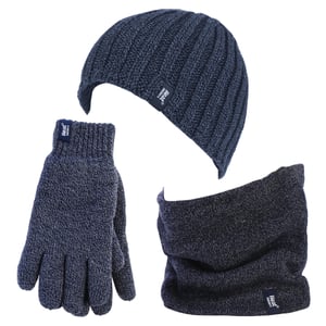 Heat Holders - Thermal Winter Fleece Cable Knit Hat, Neck Warmer and Gloves set for Men - Navy