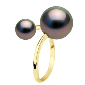 Ring Duo - Yellow Gold - 2 Real Cultured Tahiti Pearls Round 7-8 and 11-12 mm