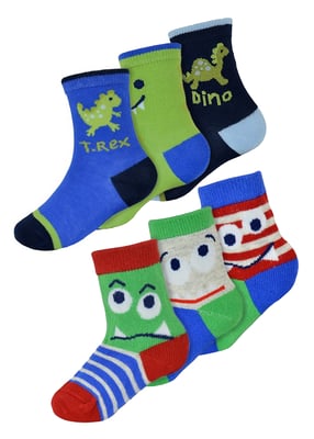 6-pack Baby Boys Monsters Dinosaurie Design Pattern Socks | Sock Snob | Roliga bomullsstrumpor för småbarn - Dinosaurie