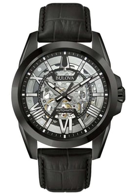 Bulova Sutton Skeleton Heren Zwarte Horloge 98A304