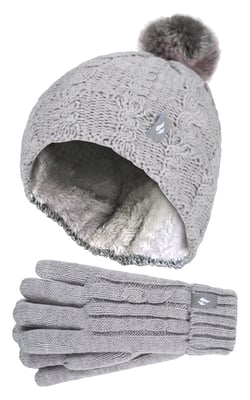Heat Holders - Girls Bobble Pom Pom Hat and Gloves Set | Turn Over Cuff Hat & Cable Knit Gloves Style - Frost Grey Melange