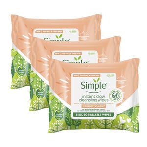 Simple Protect 'N' Glow Instant Cleansing Wipes for Dull & Tired Skin, 3 Pack