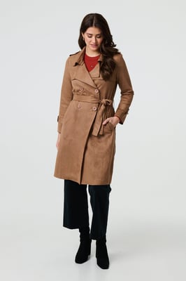 Brown Suede Tie Waist Button Front Trench Coat