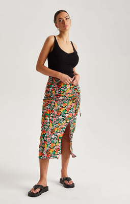 Pink Floral Ruched Midi Skirt