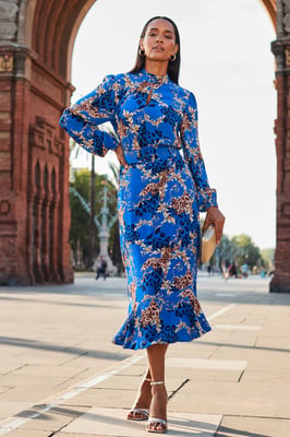 Blue Baroque Print Keyhole Detail Belted Fit & Flare Dress