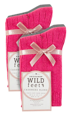 4 Pack Ladies Cashmere Boot Socks | Wildfeet | Ribbed Crew Wool Bed Socks - Pink/Grey