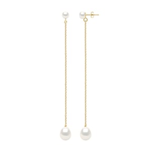 Dubbele Oorbellen Geel Goud - Echte Gecultiveerde Zoetwaterparels Knop 5-6 mm + Peer 8-9 mm