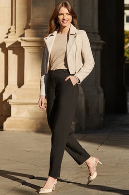 Ecru Cropped Leather Biker Jacket