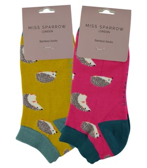 2 Pair Multipack Ladies Bamboo Trainer Socks | Miss Sparrow | Breathable Novelty Animal Patterns Socks - Hedgehogs