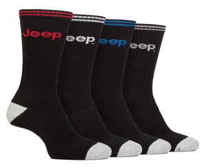 Mens Sport Crew Socks | Jeep | 4 Pack Cotton Running Socks with Reinforced Heel and Toe - Black