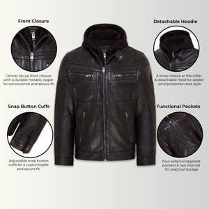 Herr Black Hooded Leather Biker Jacket - Stavern