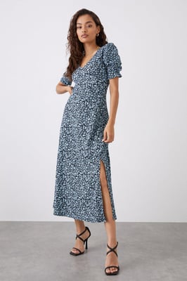 Petite Blue Floral V Neck Midi Dress