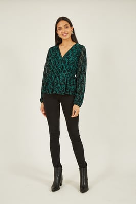 Green Velour Printed Long Sleeve Wrap Top