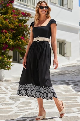 Black Embroidered Hem Square Neckline Midi Dress