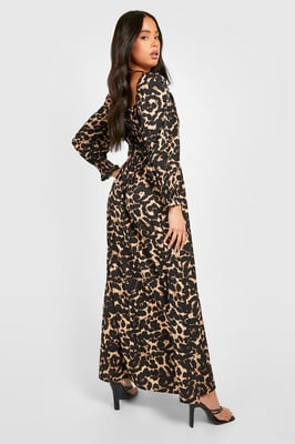Petite Leopard Shirred Detail Maxi Dress