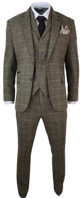 Mens 3 Piece Tan Brown Check Tweed Herringbone Vintage Classic Suit