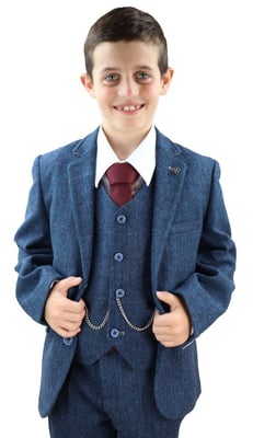 Boys 3 Piece Blue Herringbone Tweed Check Classic Suit