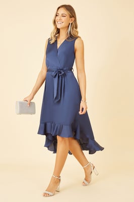 Mela Navy Satin Dipped Hem Wrap Over Midi Dress