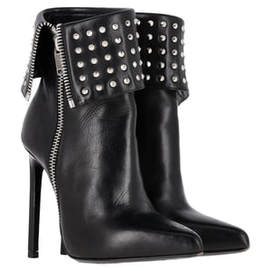 Saint Laurent Paris Fold Over Studded Booties in Black Leather