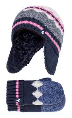 Heat Holders - Girls Nordic Pattern Fairisle Design Trapper Hat with Pom Pom and Mittens Gloves Set - Navy