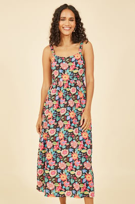 Multicoloured Retro Floral Midi Dress