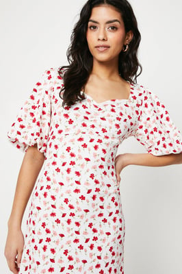 Petite Ditsy Ruched Front Puff Sleeve Midi Dress