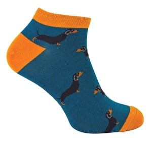 Mens Bamboo Trainer Socks | Mr Heron | Animal Themed Breathable Low Cut Sneaker Socks - Sausage Dog (Teal)