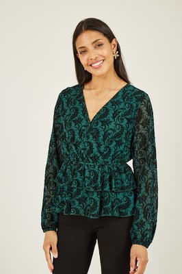 Green Velour Printed Long Sleeve Wrap Top
