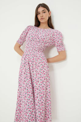 Pink Ditsy Shirred Waist Midi Dress