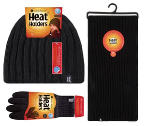 Mens Knitted Beanie Hat Scarf Gloves Set | Heat Holders | Luxury Soft Fleece Lined Winter Set for Cold Weather - Black