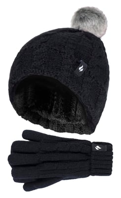 Heat Holders - Girls Bobble Pom Pom Hat and Gloves Set | Turn Over Cuff Hat & Cable Knit Gloves Style - Black