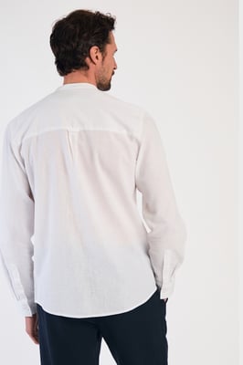 White Linen Blend Long Sleeve Button-Up Shirt With Grandad Collar