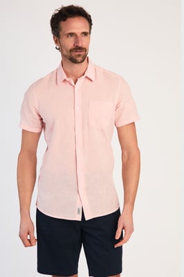 Pink Linen Blend Short Sleeve Button-Up Shirt With Chest Pocket