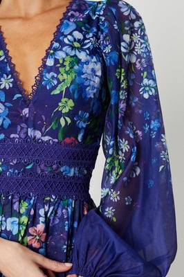 Organza Floral Placement Lace Trim Midaxi Dress