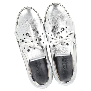 Burberry Kiltie Fringe Detail Slip On Sneakers Metallic Silver Leather