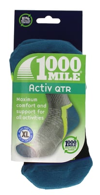 1000 Mile - Mens Active Quarter Repreve Padded Socks with Flat Toe Seam - Black / Teal