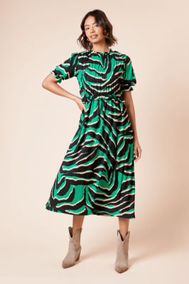 Puff Sleeve Zebra Shirred Bodice Peplum Midi Dress