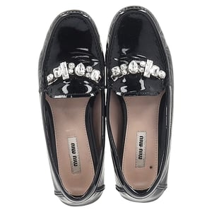 Miu Miu Crytal Detail Loafers in Black Patent Leather