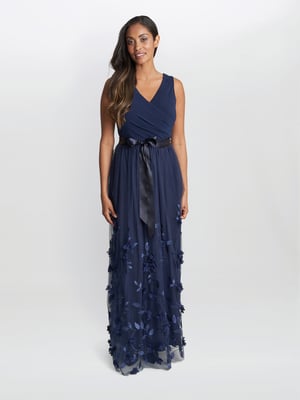 Olyssia Long Sleeveless Dress With Surplice Neckline , 3D Floral Skirt.