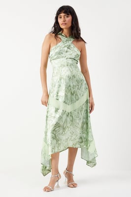 Snake Print Satin Cross Front Chiffon Insert Hanky Hem Midi Dress