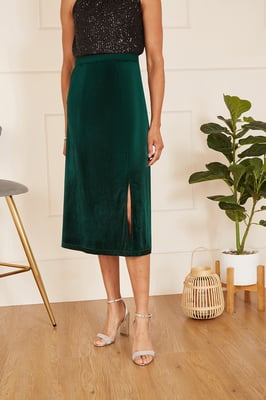Green Velvet Skirt With Front Slit