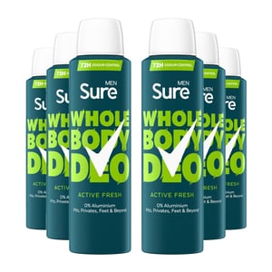 Sure Men Whole Body Deodorant Spray Active Fresh w/ 72H Odour Control 150ml, 6pk