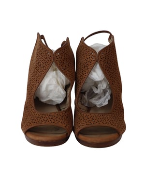 Tory Burch Laser Cut Peep-Toe Sandals in Brown Leather