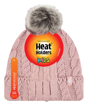 Heat Holders - Girls Bobble Pom Pom Hat and Gloves Set | Turn Over Cuff Hat & Cable Knit Gloves Style - Dusky Pink