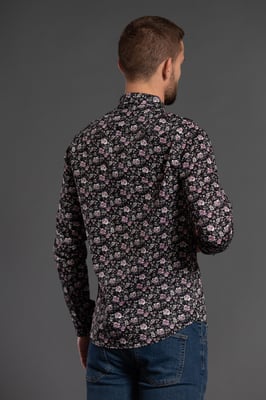 Black Cotton Floral Print Long Sleeve Shirt