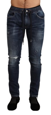 Dolce & Gabbana Herrblå Stretch Denimjeans i Bomull med Slitningar